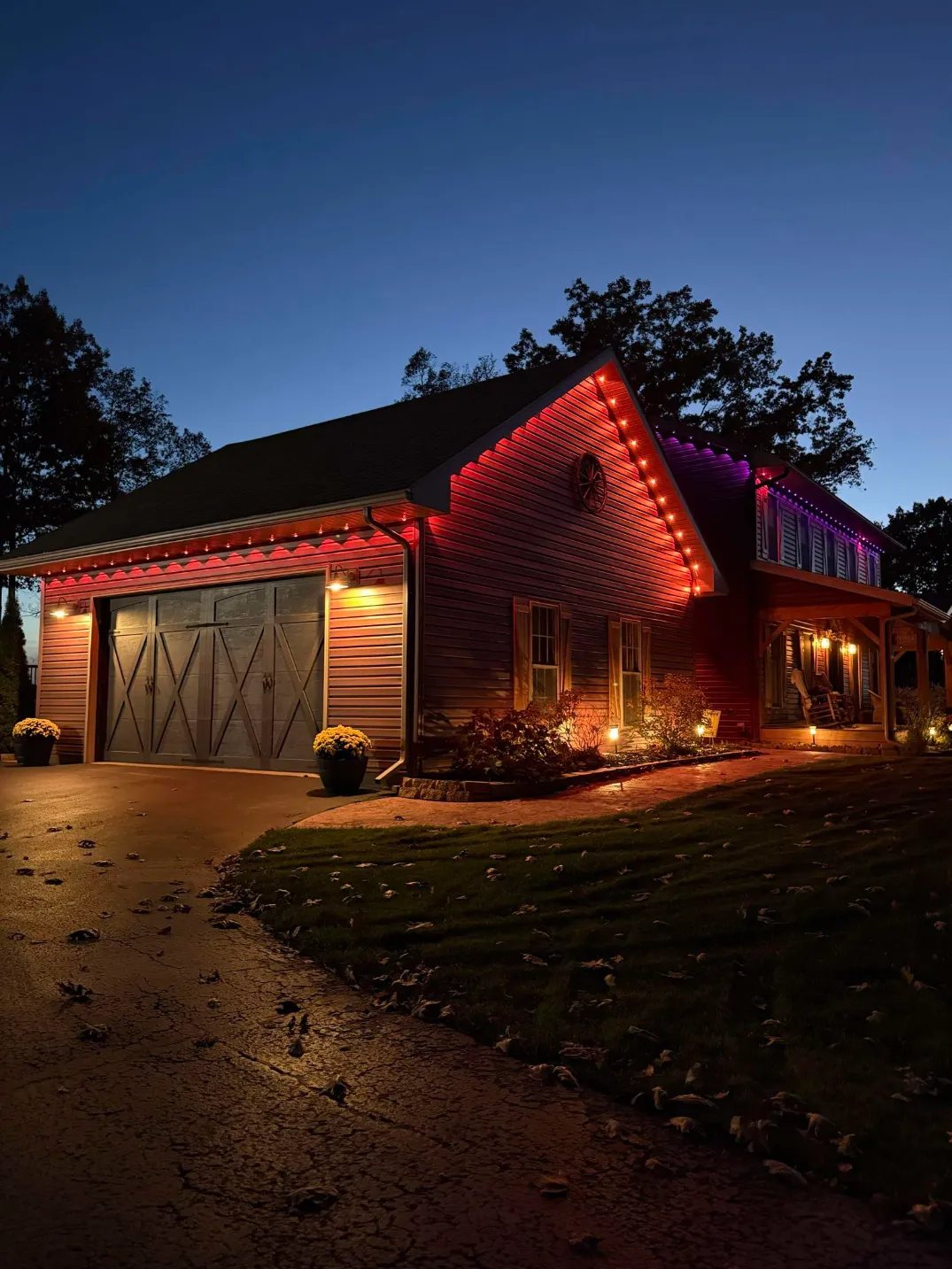 Roofline glowing red and purple for Halloween