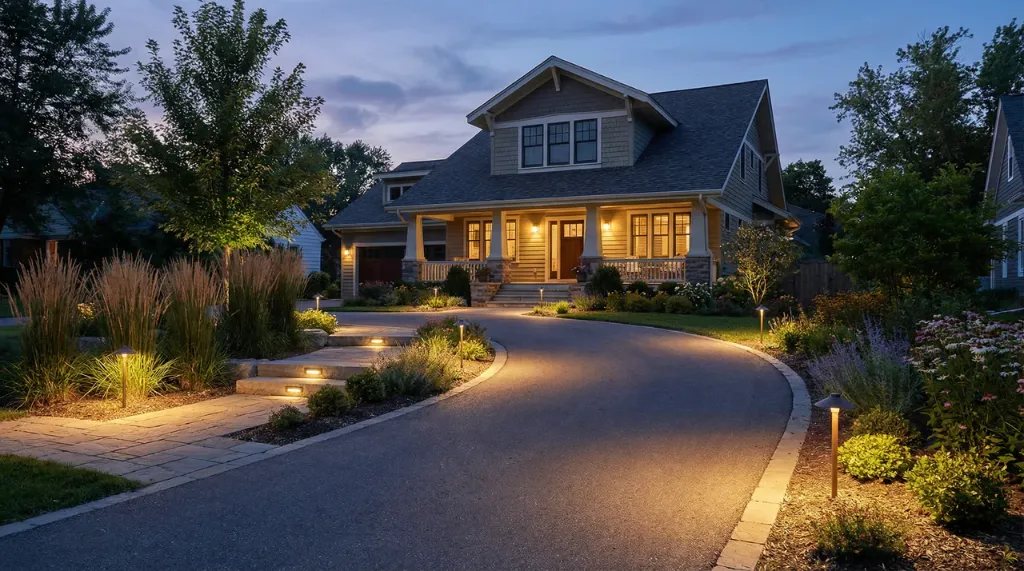 Curved driveway and stone path lit by low-voltage landscape lighting at dusk
